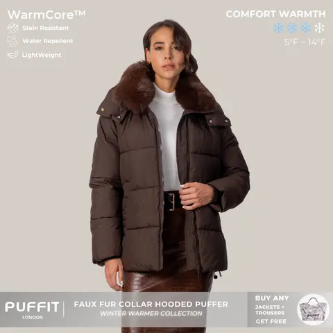 PUFFIT WarmCore Premium Removable Faux Fur Collar Puffer With Detached Hood,Removable Faux Fur Collar,Side Zipper Design,Windproof Sleeves,High-Density High-Twist Fabric,Detachable Hood,Elegant Appearance,Fall,Winter,2026 Shopping