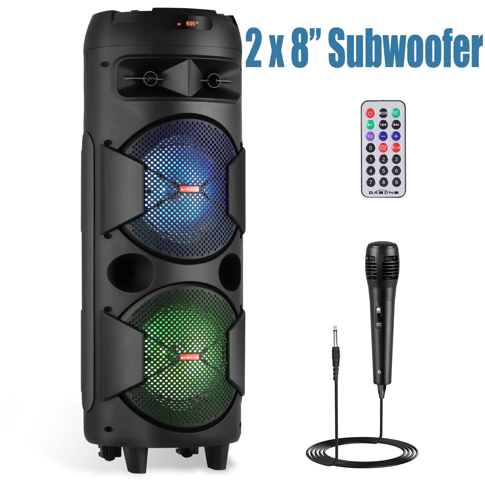 Dual 8 Inch Portable Bluetooth PA Speaker With Microphone Rechargeable Karaoke Speaker System AUX/ TWS / FM Radio / Remote Control / LED Lighting