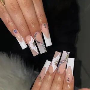 Long Square Fake Nails, 24pcs/set Fashionable Rhinestone Decorated Fake Nails with Nail File & Tape, Removable Nail Art Artificial Full Cover, Women Girls DIY Manicure