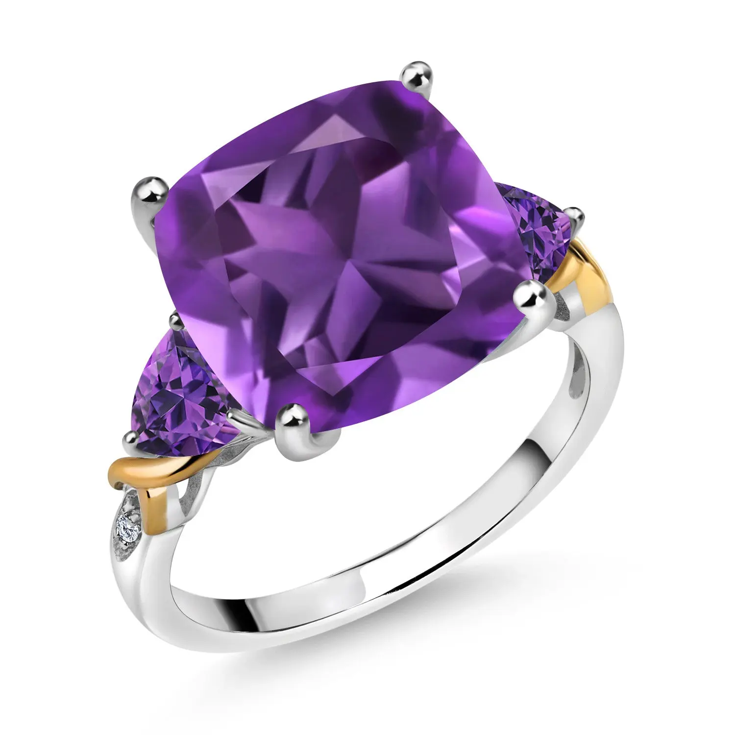 7.21 Cttw Purple Amethyst and Diamond Ring For Women | 925 Silver and 10K Yellow Gold | 12MM Cushion and 5MM Trillion | Gemstone Birthstone | Available In Size 5, 6, 7, 8, 9