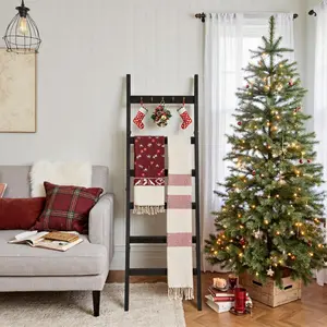 6-Tier Blanket Ladder for Living Room and Bedroom5.4 Ft Wall Leaning Quilt Rack with Hooks Rustic Decorative Farmhouse Blanket Storage Stylish Ladder Holder,Christmas Decorations,Black