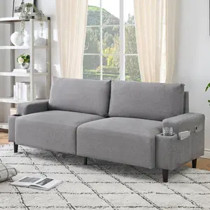 80.7" Mid-Century Modern Square-Armrest Cushioned Sofa, Compact Indoor Couch with Storage Bag and Cup Holders, for Living Room and Apartment, Grey