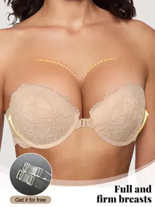 Women's Front Buckle Strapless Push-Up Bra, Lace Cross Back Lingerie Underwear, Elegant Comfortable All Season Wear, Perfect for Dresses, Soft Comfy Bra