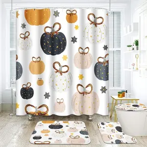 Autumn Pumpkins Bathroom Set with Shower Curtain and Rugs Accessories, Stars Gold Dots Halloween Shower Curtain, Thanksgiving Harvest Bathroom Decor 4 Pcs