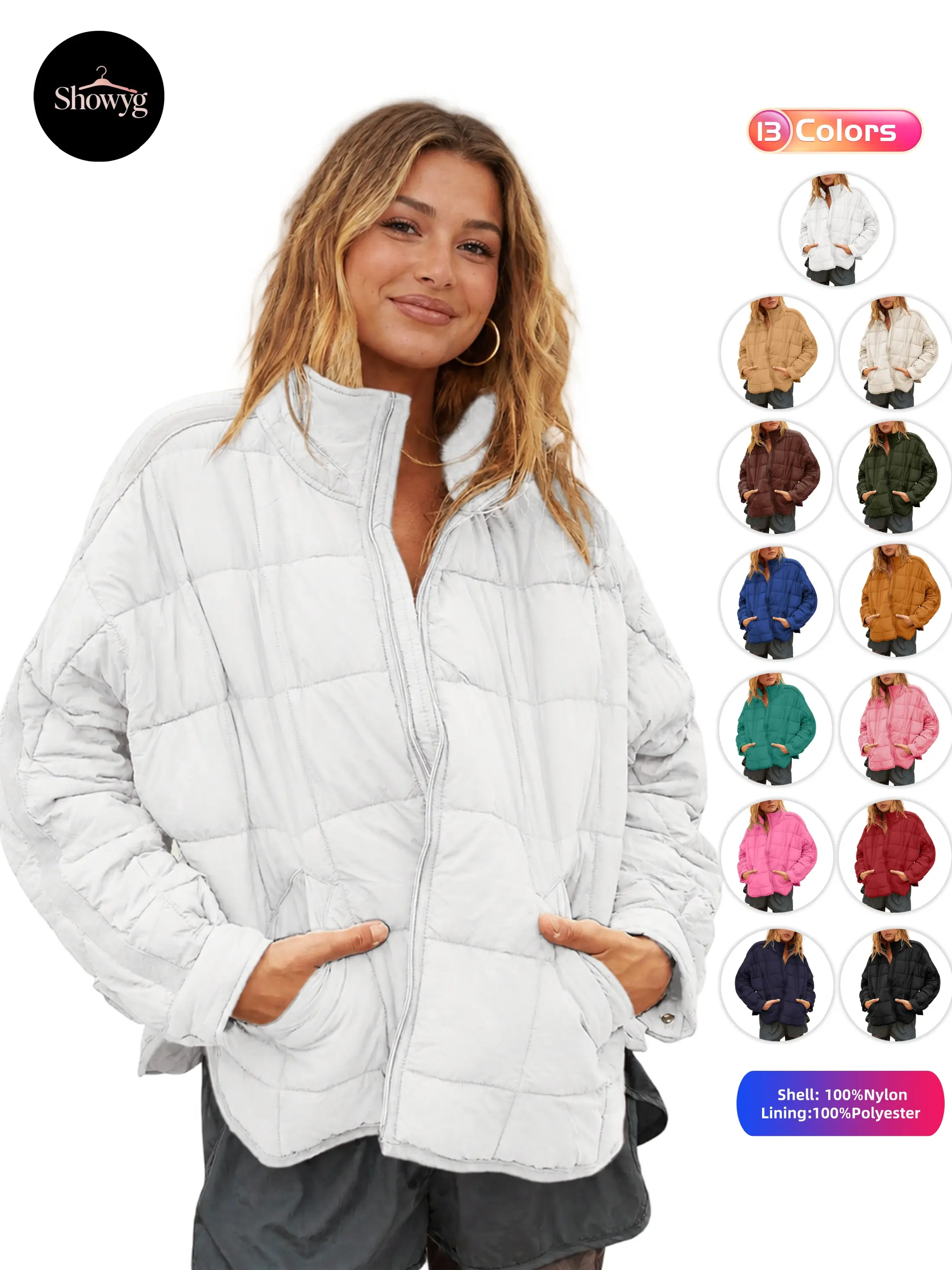 Showyg Women's Quilted Lightweight Puffer Jacket, Zip Up Stand Collar Padded Coat with Pockets, Side Split Hem & Button Cuffs, Fall Winter Casual Outerwear