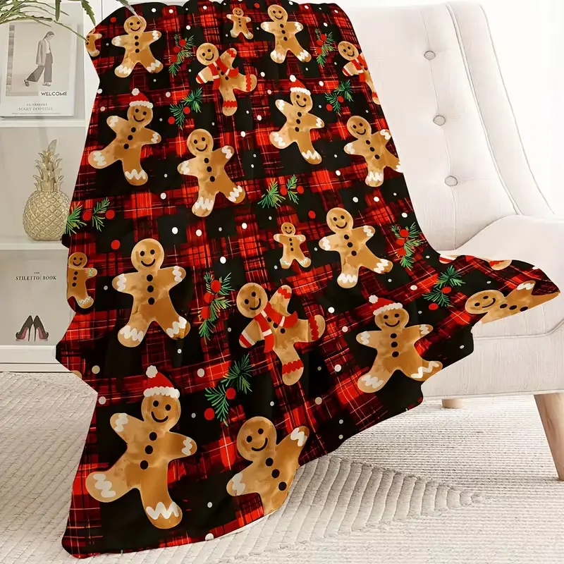 Christmas Gingerbread Man Blanket Red Plaid Soft Flannel Fleece Throw - Cozy Festive Bedding Couch Cover for Living Room Bedroom Sofa, Christmas Gift Xmas Present Holiday Gift Idea