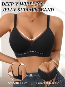 Simple Comfort Jelly Bra, Deep V Design, Push-Up, Breathable Mesh, Wireless, Removable Pads, Women's Daily Wear Underwear
