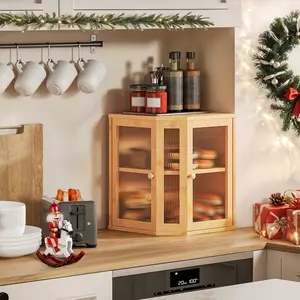 HOOBRO Bamboo Bread Box, Kitchen Countertop Corner Bread Box, Large Capacity 2-Tier Bread Box, Bread Storage Container with Dual Rippled Acrylic Doors, for Kitchen Food Storage, Natural Utensils Does not apply