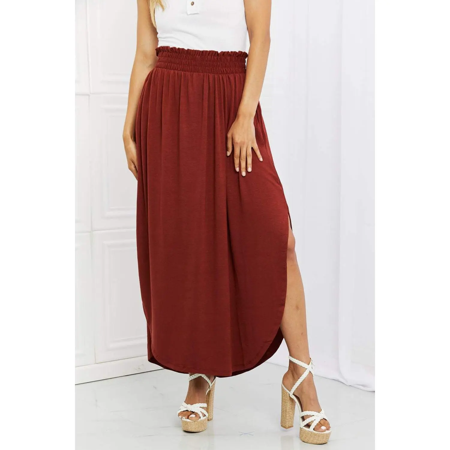 Zenana It's My Time Full Size Side Scoop Scrunch Skirt in Dark Rust