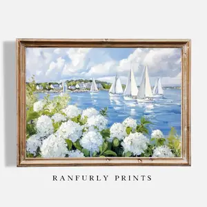 Nantucket Sailboats Print – White Hydrangeas Coastal Wall Art – Seaside Village Oil Painting – Digital Download, Timeless Appeal, Simple and Clean, Simple Style