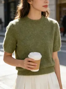 Women's Summer Knitted Short Sleeve Knitwear Sweater, Round Neck Jumpers with Wool Blend, Thick Comfy Loose Oversized Solid Casual Womenswear Top