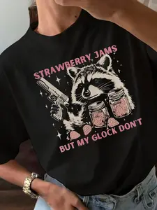Women's Strawberry Jars & Raccoon Print Round Neck Tee, Fashion Casual Letter Graphic T-shirt for Daily Holiday Vacation Outdoor Wear, Ladies Clothes for Summer, Top