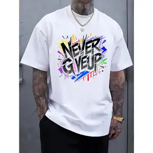 Viral NEVER GIVE UP Plus Size Mens Motivational Tee: Bold Neon Graffiti Print, 100% Breathable & Machine Washable - Dominate Your Gym Sessions, Street Style & Summer Days.