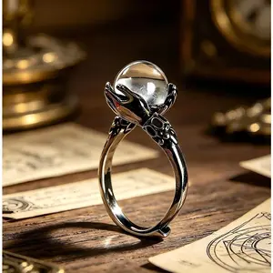 Vintage Guardian Energy Crystal Statement Ring for Female Adults, Funky Witchy Occult-Style Adjustable Open Band Ring (6-10 Comfort Fit), Boho Spiritual Daily Accessory, Thoughtful Gifting Option