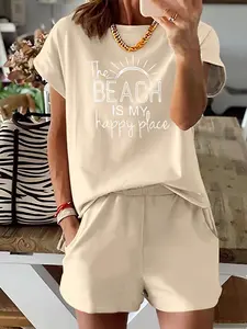 Two-Piece Set Women's Letter Sun Print Short Sleeve Tee & Elastic Waist Shorts, Casual Fitted Round Neck T-shirt & Pocket Shorts for Summer, Ladies Clothes for Beach Vacation