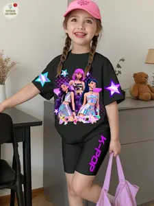 Girls' K-Pop Idol Colorblock Short Sleeve Set, Korean Style Sporty Two-Piece, Casual Slim-Fitting All over Print Suit