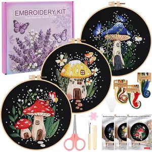 3 Sets Embroidery Kit for Adults Beginners, Needlepoint Kits  Stitch, Hand Embroidery Starter Kit with Mushroom Stamped Patterns, Hoop, Tools, Colorful Threads with , Instructions