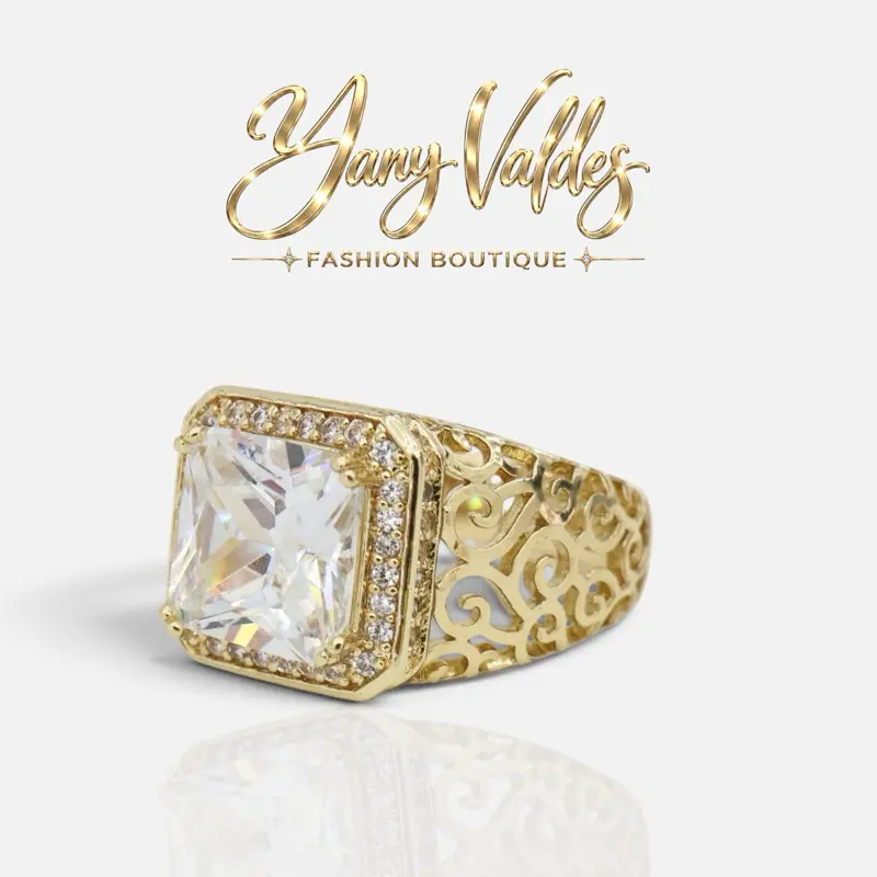 14K Gold-Plated Rectangular Stone Ring with Openwork Design – Blue, Black or Clear, Sizes 6–10
