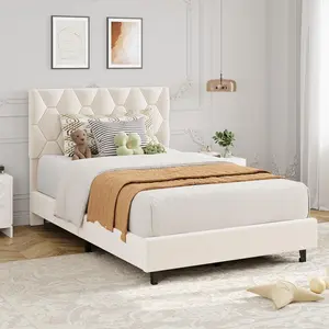 Twin/Twin XL Bed Frame, Beige,/GreyUpholstered Headboard, Adjustable Height, Heavy Duty, Strong Wood Slat Support, Noise Free, No Box Spring Needed
