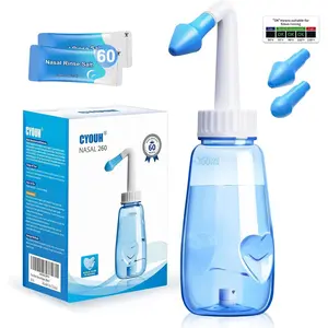 Neti Pot Sinus Rinse Bottle Nose Wash Cleaner Pressure Rinse Nasal Irrigation for Adult & Kid BPA Free 260 ML with 60 Nasal Wash Salt Packets and Sticker Thermometer(Blue)