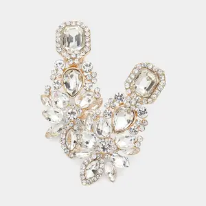 Multi Clear Stone Cluster Chandelier Clip on Pageant Earrings on Gold | Prom Earrings |  624303