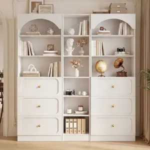 Cyclysio 80" Tall Arched Bookcase with 6 Wooden Drawers ＆ 12-Tier Open Shelves, Modern Set of 3 Freestanding Bookshelf Kitchen Pantry Storage Cabinet