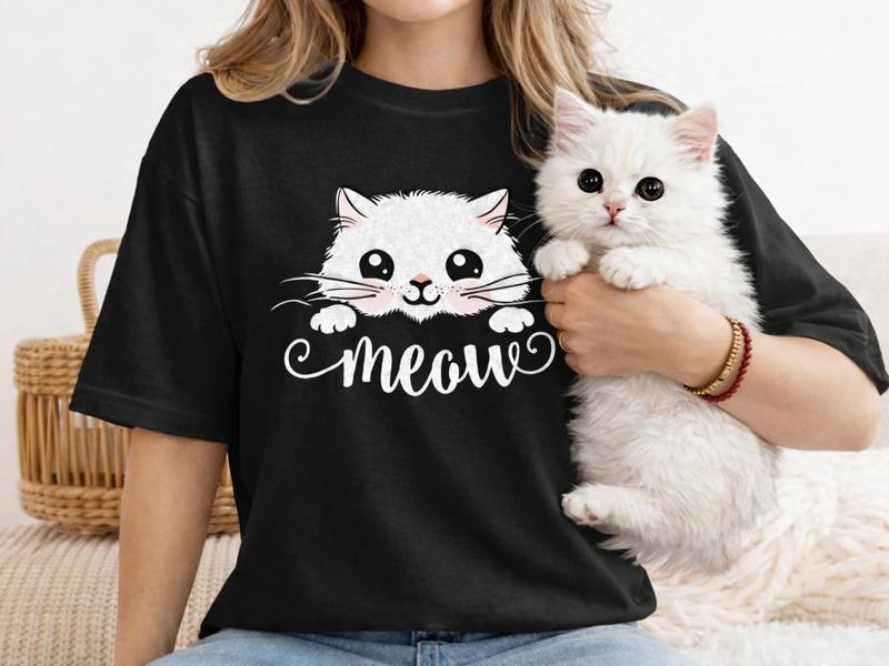 Meow Cat Graphic T Shirt for Cat Lovers, Cute Minimal Cat Face Design Tee, Funny Aesthetic Shirt for Cat Moms Cat Dads Daily Wear, Perfect Gift for Cat Parents