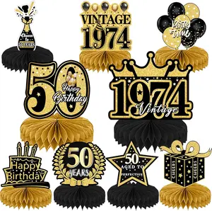 9Pcs 50th Birthday Decorations - Black Gold 50th Birthday Party Decorations for Men Women 1974 Vintage Table Decor Supplies Honeycomb Centerpieces