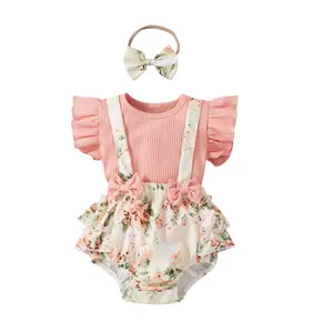 Newborn Infant Baby Girl Floral Romper Dress Ruffle playsuit Suspender Shorts Jumpsuit Cute Summer Clothes and Headband