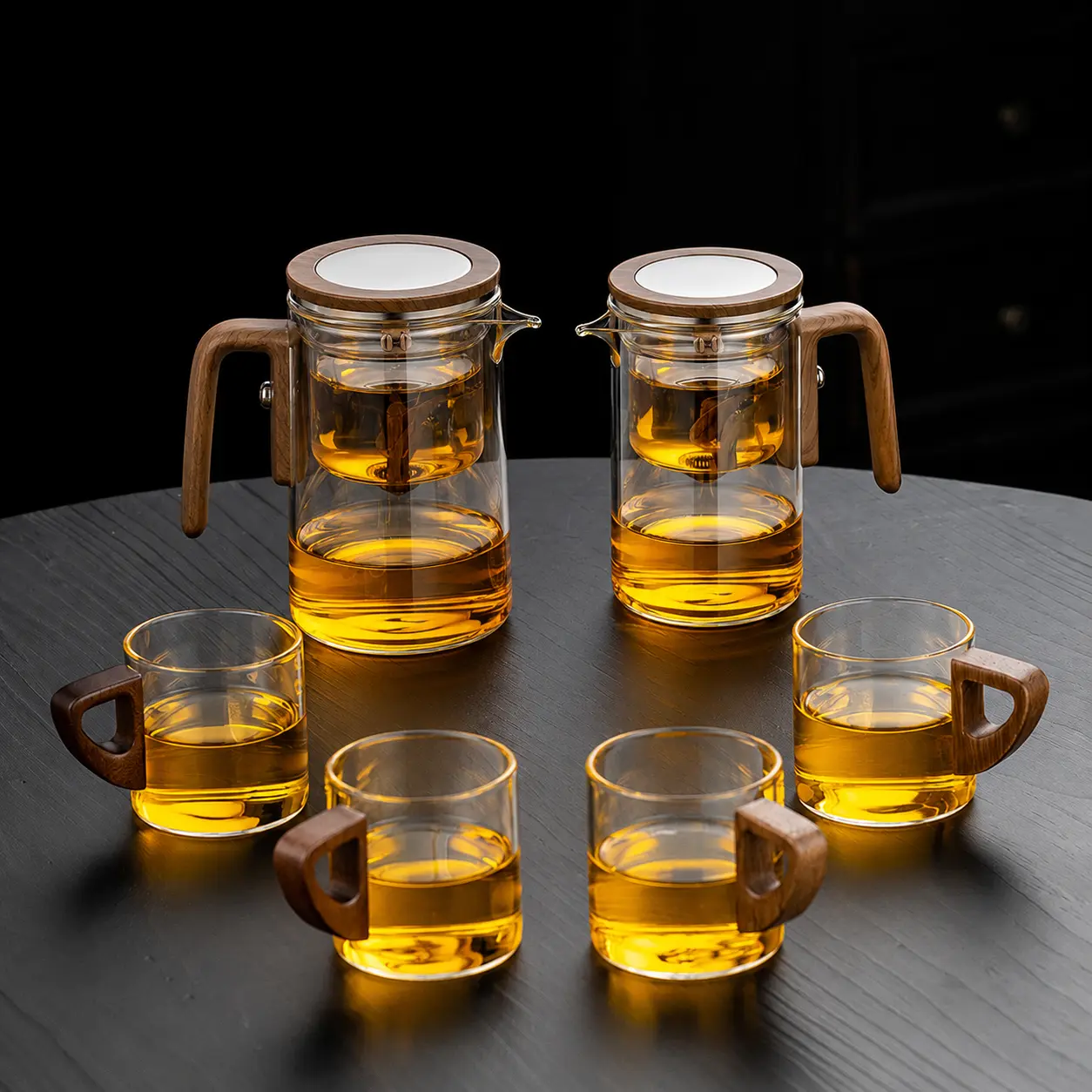 600ml Magic Magnetic Glass Teapot Set with 4 Wooden Handle Tea Cups - 1-Press Tea Separation, Stainless Steel Strainer-Infuser, Heat-Resistant High Borosilicate Glass for Family, Office Use, 600Ml Magnetic Glass Teapot Set With 4 Cups