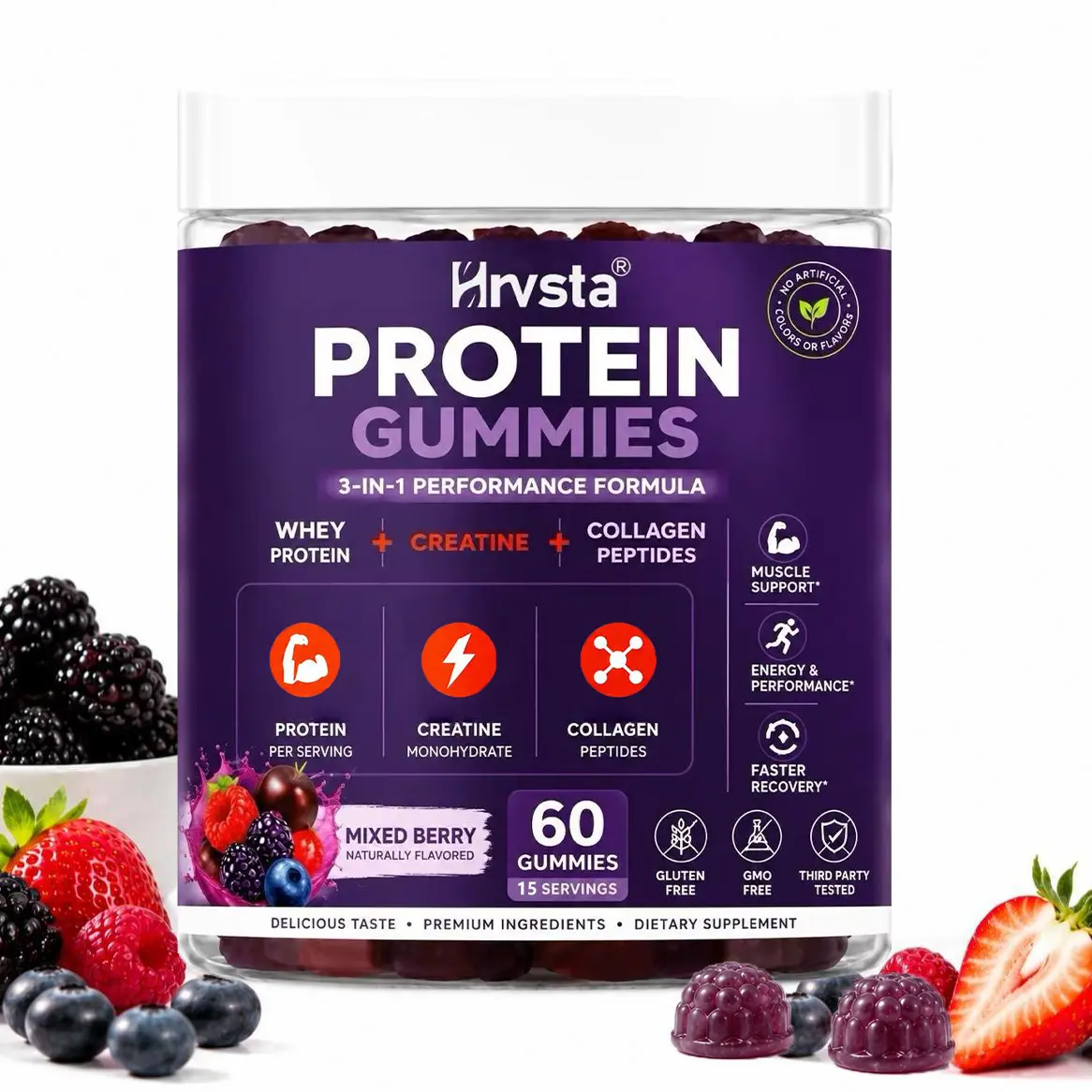3 in 1 Whey Protein Gummies | Creatine Monohydrate | Collagen, 0 Sugar, Pure Protein Source, Muscle & Energy Support, Berry Flavor, for Women and Men