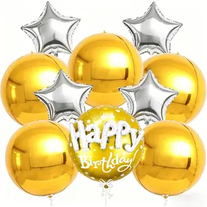 10pcs Happy Birthday Balloons Set, 4D Round Foil Balloons, Silver Color Star Balloons, Reusable Party Decorations