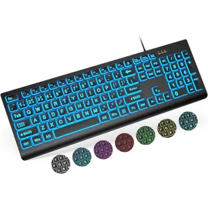 Large Print Backlit Keyboard, Wired USB Lighted  Keyboards with 7-Color & 4 Modes Backlit, Oversize Letters  Easy to See and Type, Keyboard Compatible for PC, Laptop
