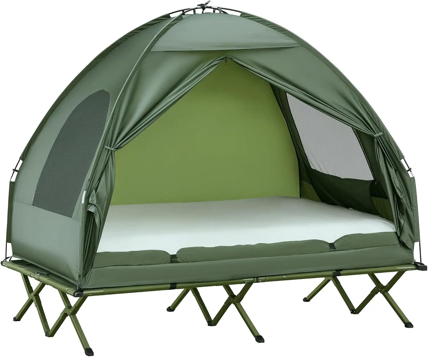 Outsunny 2 Person Cot Tent, 4-in-1 Elevated Tent Camping Bed Combo with Air Mattress, Bed Cover, Foot Pump, Folding Off Ground Camp Cot for Hiking, Backpacking