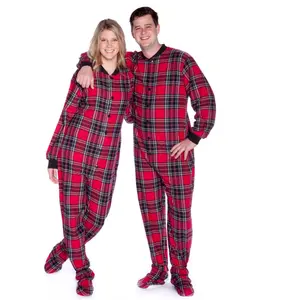 Red and Black Plaid Cotton Flannel Adult Footed Onesie Pajamas for Men & Women