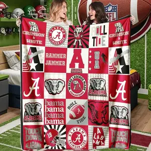 Alabama Crimson Tide Patchwork Blanket, High-Weight Flannel Fabric, Soft and Warm, Anti-Wrinkle, Easy Clean, Ideal for Fans and Football Lovers, Slogan Print Blanket