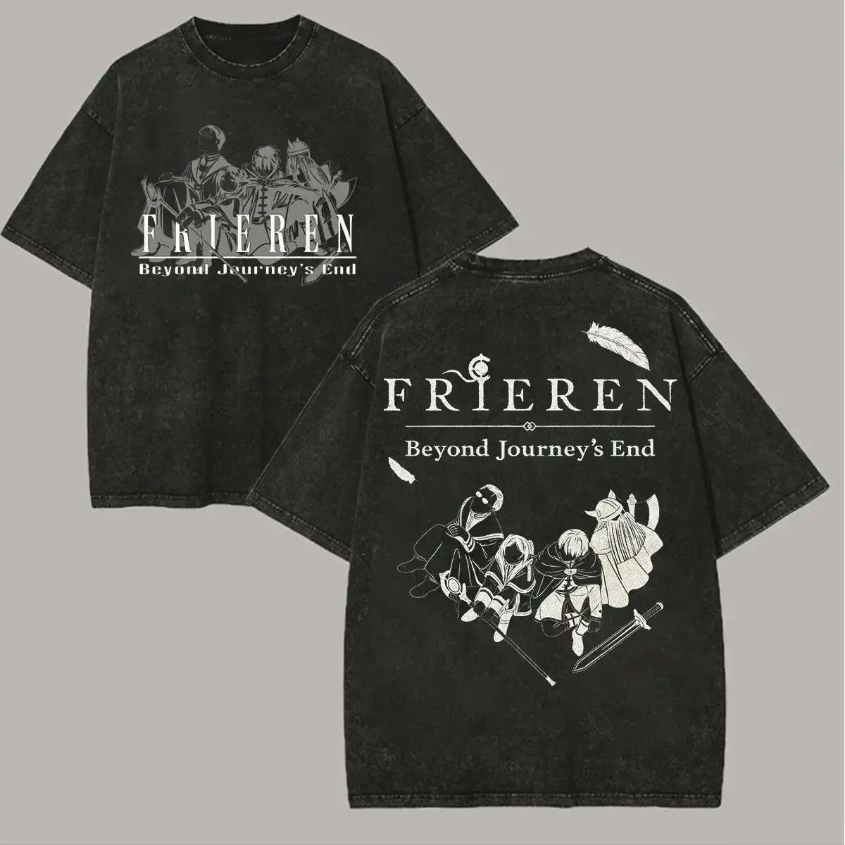 Men's Vintage Cartoon Style Casual T-Shirt - Frieren Beyond Journey's End Print, Washed Cotton Oversized Streetwear Top, Available in 4XL Size, Round Neck, Graphic Print, Whimsical Vibe, Crew Neck, Cute