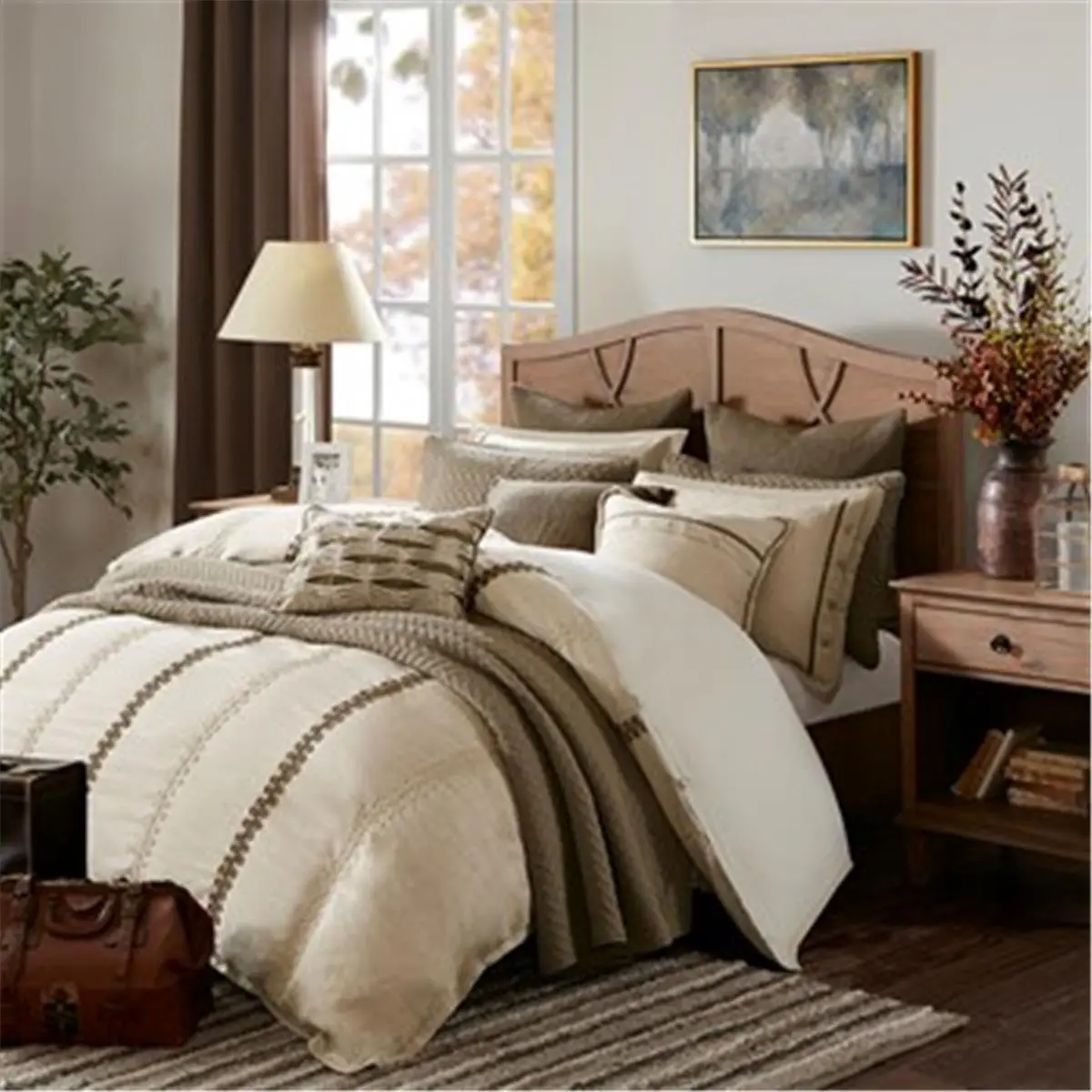 Madison Park MPS10-208 King Size Luxury 9-Piece Jacquard Weave Comforter Set - 100% Polyester, Linen Color, Rose Quartz Accent, Button Closure, Removable Insert, Romance Theme Bedroom Decor, Home Interior Bedding Collection