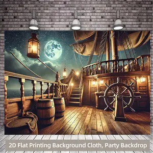 2D Flat, 1pc Pirate Ship Deck Backdrop with Lanterns - Vintage Nautical Party Decor, No Electricity Needed Hanging Fabric for Birthday, Photo Booth, Pirate Themed Events - Easy Setup Pirate Ship Background