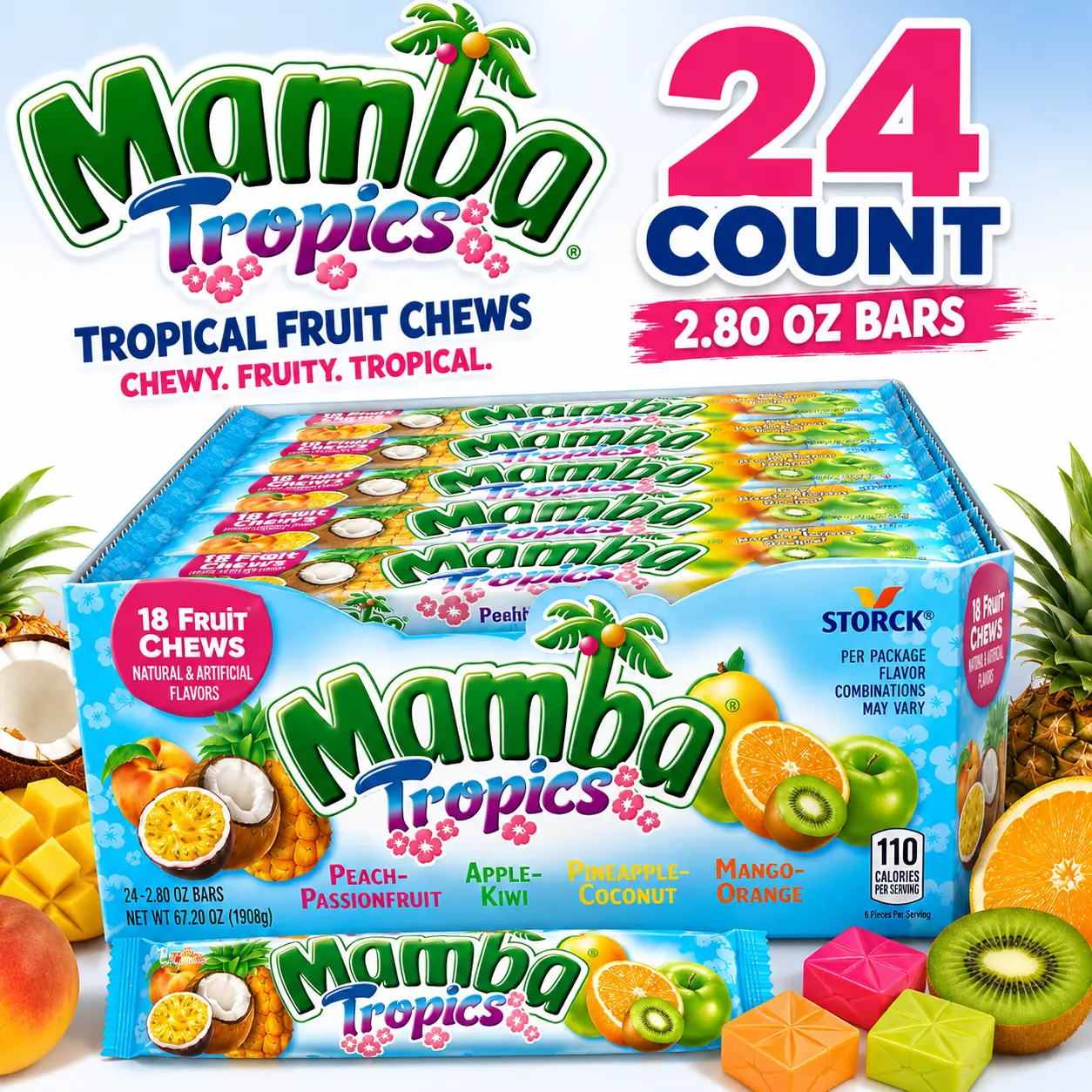 Mamba Tropics Fruit Chews 2.80 oz 24 Count  Tropical Assorted Chewy Candy | Individually Wrapped Fruity Treats for Snacking & Sharing