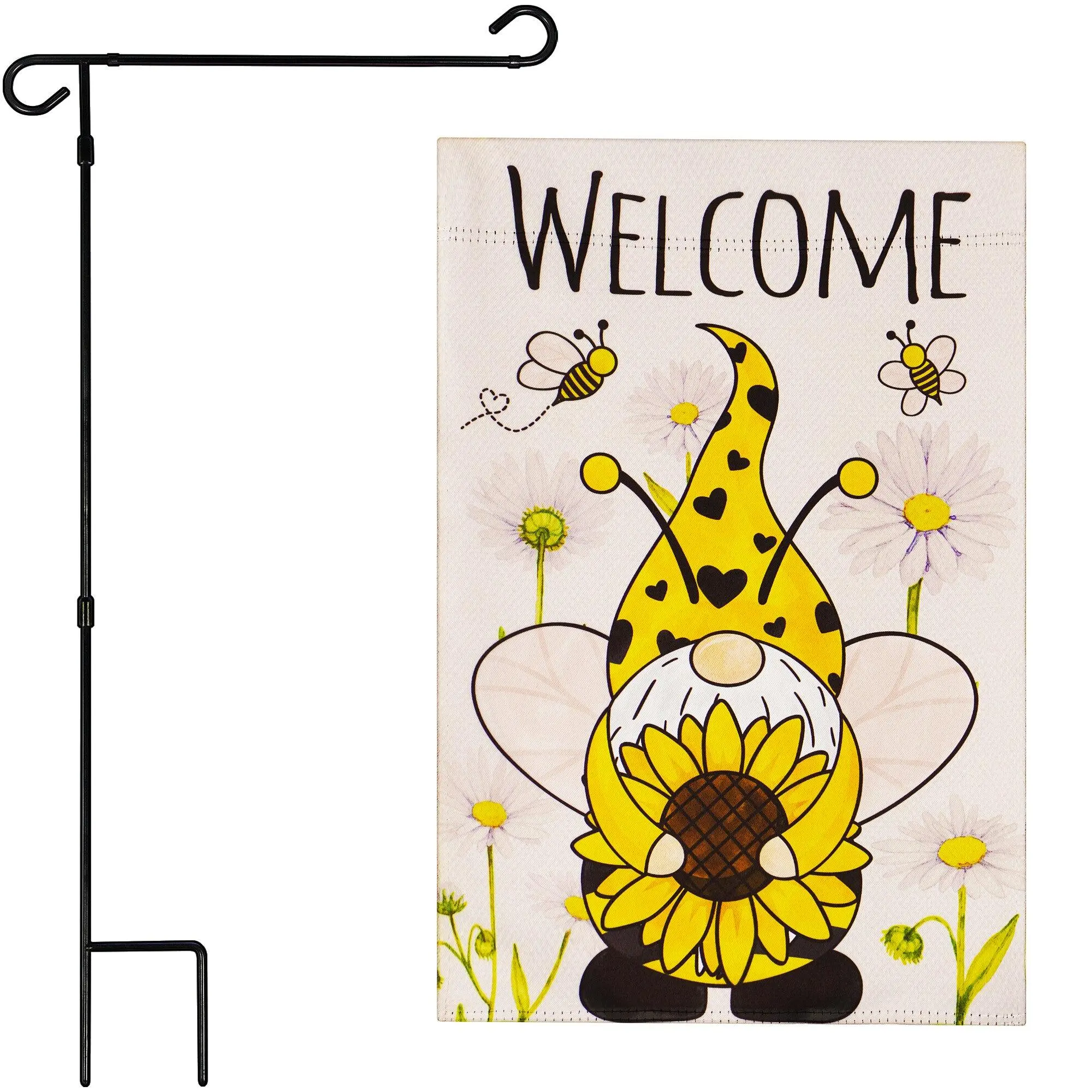 G128 Combo Pack: Garden Flag Stand Black 36 in x 16 in & Garden Flag Spring Decoration Welcome Bee Gnome with Sunflower 12"x18" Double-Sided Blockout Fabric