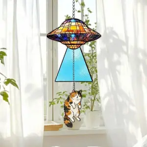 Cat & Plant Suncatcher: Holographic Acrylic Window Hanging