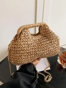 Elegant Women's Straw Basket Bag, Fashionable Straw Chain Crossbody Bag, Casual Everyday Shoulder Bag, Versatile Half Moon Bag