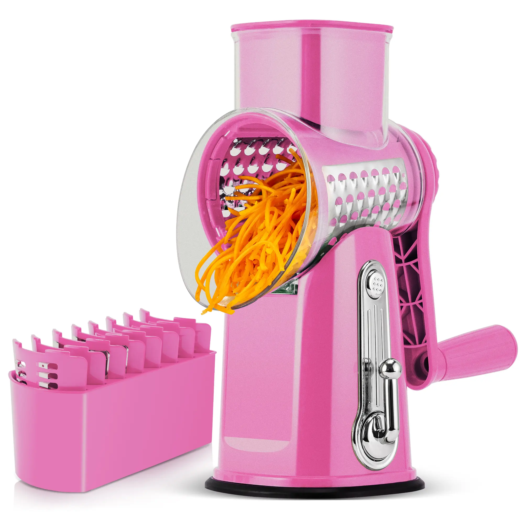 SUSTEAS 18/10 Stainless Steel Veggie Chopper - 5 Replaceable Blades, Powerful Suction Cup Base, BPA Free Mandoline Slicer, Vegetable Cutter, Food Shredder Tool, Fruit Vegetable Slicer, French Fry Cutter Kitchen Gadget (Pink)