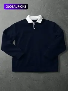 Men's Loose Fit Colorblock Collar Long Sleeve Graphic Polo Shirt, Fitted, Casual Street Style, Streetwear, Fashionable Outdoor Sports Wear, All Seasons, Menswear