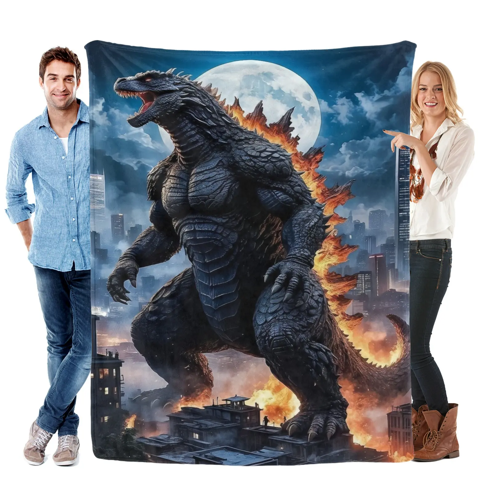Giant Monster Godzilla City Fire Printed Flannel Throw Blanket, Super Soft & Cozy Fleece Movie Blanket for Sofa Bed Couch, Great Birthday Gift for Boys & Men