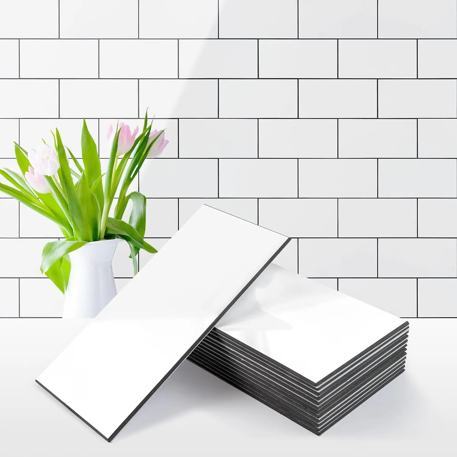 Vamos Tile 100-Piece Glossy Pure White Peel and Stick Backsplash Tile,3''x6'' PVC Subway Tile with Dark Gray Grout,Stick on Backsplash for Kitchen/Bathroom/Fireplace