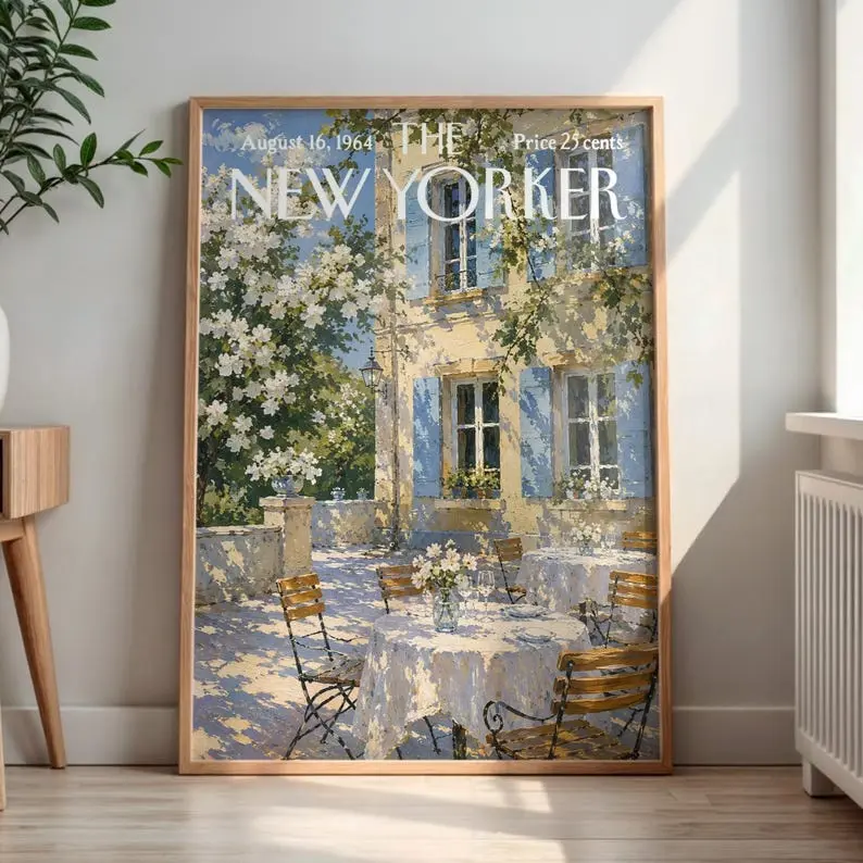 Vintage New Yorker Poster | Retro French Courtyard Spring Print | Outdoor Cafe Terrace Wall Art | Mid Century Magazine Cover