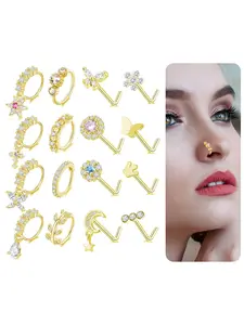 16Pcs Dangle Hoop Nose Ring L Shape Nose Stud CZ Butterfly Flower Leaf Dangle Heart Moon Crown Nose Ring Nostril Piercing Jewelry for Women Silver Gold Tone 20G