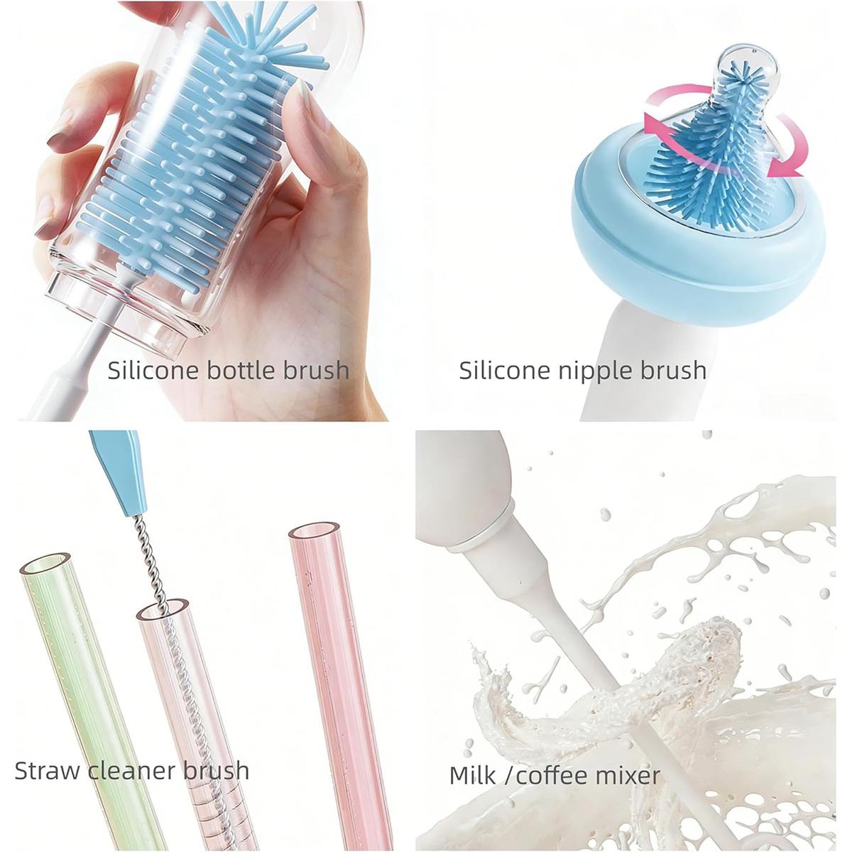 Rechargeable Electric Baby Bottle Brush Set, Waterproof Cleaner with Dual Modes, Comes with Nipple Straw Brush and Drying Rack
